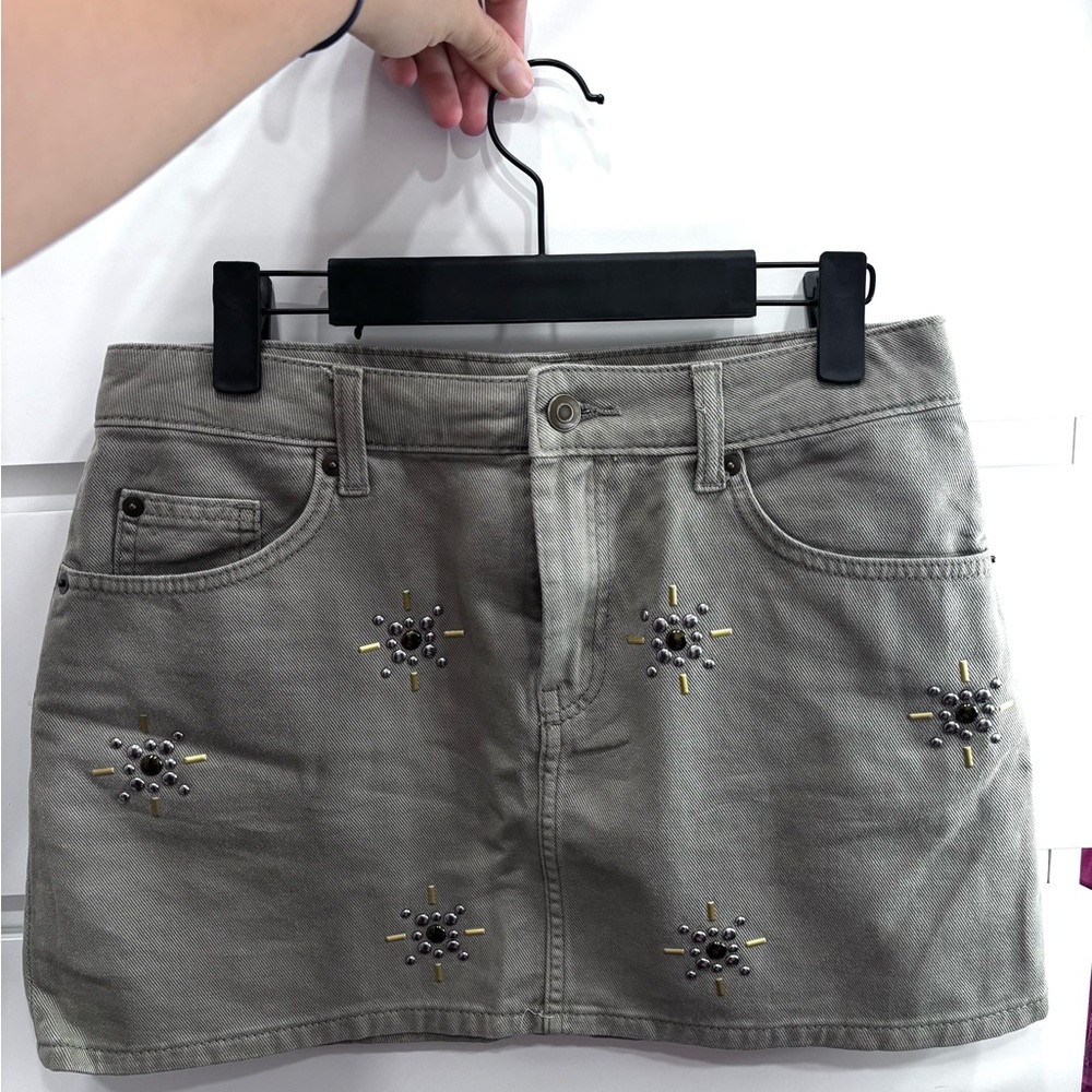 Embellished Dark Green Denim Skirt